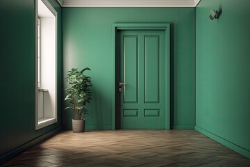 View of the room's green wall and closed white door. Design banner. Generative AI