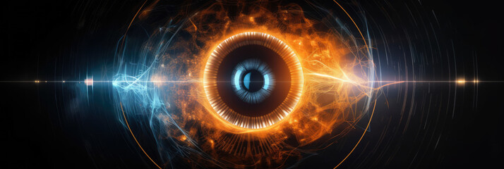 Obraz premium abstract panorama of a stylized human eye made from glowing digital nodes, against a dark background, symbolizing ophthalmology