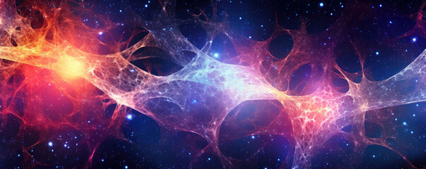 Radiant illustration of interconnected neurons forming a brain network, against a cosmic star field