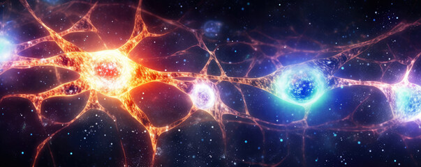 Obraz premium Radiant illustration of interconnected neurons forming a brain network, against a cosmic star field