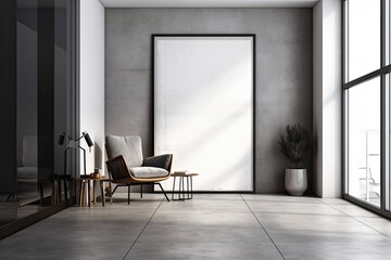 With an armchair, a blank mockup poster arrangement on a concrete wall, tiled flooring, and a door, the sketch is transformed into a true modern interior. in front. Generative AI