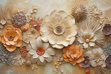 Obraz na płótnie Canvas Boho wall texture, pastel earthy colors, brown flowers. AI generative