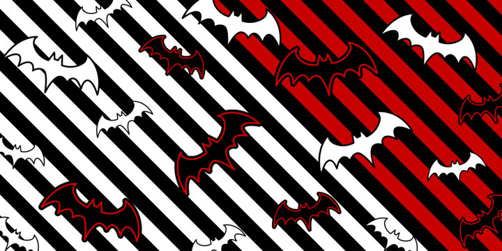 Fly bats on striped goth background. Bats pattern for Halloween cover. Horror background. Goth illustration. Vector EPS 10