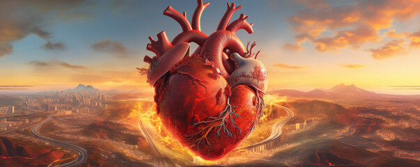 Stylized depiction of a healthy human heart in an expansive, panoramic view