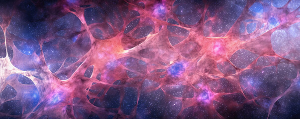 Abstract, panoramic representation of neurons in a vibrant pink color tone