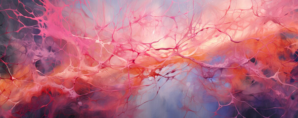 Abstract, panoramic representation of neurons in a vibrant pink color tone - obrazy, fototapety, plakaty