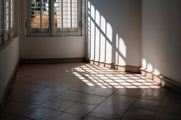 Warm window shadows against a white wall. Generative AI