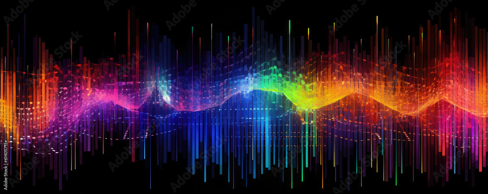 Wall mural panoramic layout of a neural network illuminated with a neon rainbow gradient