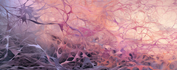 Panoramic perspective of an intricate neural network, bathed in soft pink and purple tones