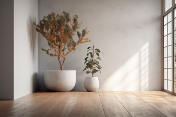 White, gray stucco or faux concrete walls in a space that is empty. hardwood flooring With vegetation, a decorative copper vase. Home design mock up. Generative AI