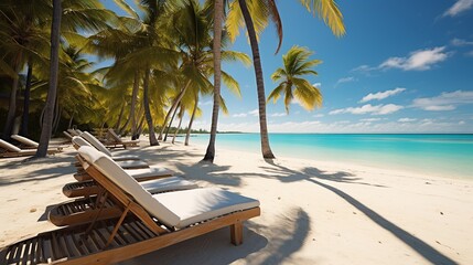 Palm trees with sun loungers on the caribbean tropical beach saona island dominican republic vacation travel background Generative AI - obrazy, fototapety, plakaty