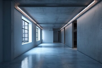 With a concrete floor, loft windows, and a line of ceiling lights, a blue empty office corridor is presented. Business, financial, and interior design concepts. a mockup. Generative AI