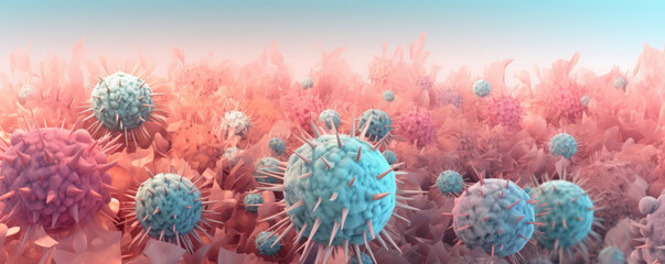 Fototapeta na wymiar Panoramic perspective of a stylized virus particle in a soft, pastel blue and pink gradient