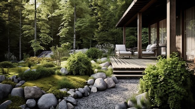 Patio with wooden terrace of a scandinavianstyle country house with mossy boulders Generative AI