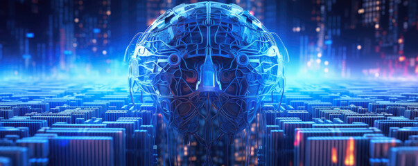 Abstract panoramic visualization of stylized artificial intelligence brain against a radiant neon blue background