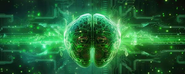 Abstract panoramic depiction of stylized artificial intelligence brain against a radiant neon green backdrop