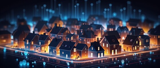Digital community, smart homes and digital community. DX, Iot, digital network in society concept. suburban houses at night with data transactions