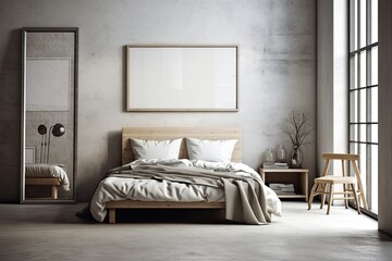 wooden frame for a blank canvas poster Side view of a bedroom interior with furnishings on a concrete floor. No humans, only a large banner on a drawer and a backlight in the wall. Generative AI