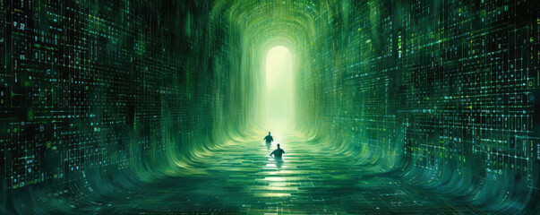 Wide, panoramic depiction of a binary code waterfall in striking emerald green hues