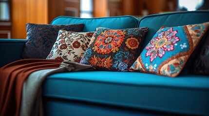 Pillows with a pattern on the sofa in the interior Generative AI
