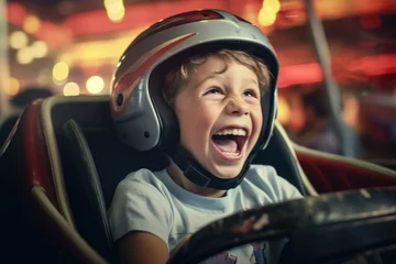Deurstickers A close - up shot of a young boy, laughing and enjoying the adrenaline rush of a bumper car collision. Generative AI © Mustafa