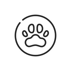 Circular Paw Sign. Vector Outline Editable Icon of Animal Footprint Inside Circle representing Pet Identity and Care Symbol.
