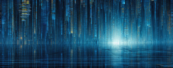 Abstract panoramic visualization of a binary code waterfall in striking, electric cyan hues