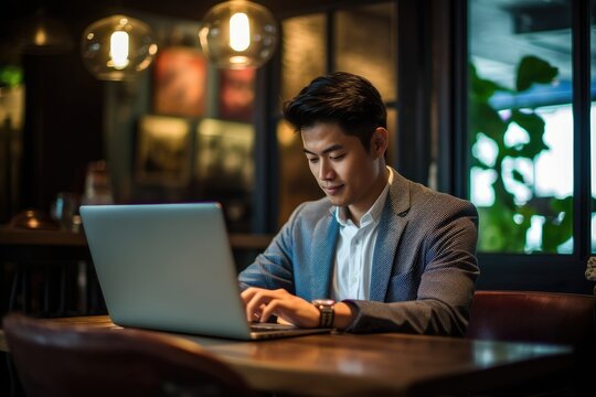 A close - up shot of a businessman using a laptop at a coffee shop. Generative AI