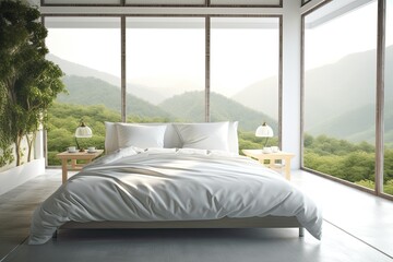 White bed in bedroom with background view of green tea plantation. Generative AI