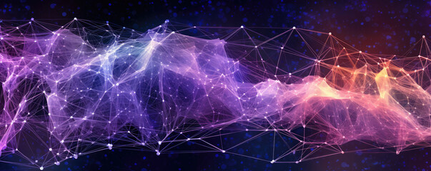 Abstract panorama of a stylized digital network, presented as interconnected nodes in radiant, neon heliotrope against a deep backdrop