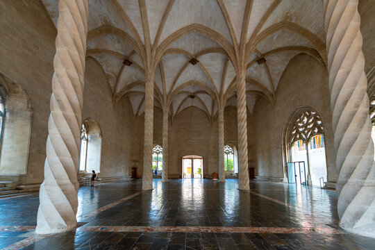 The gothic interior of the medieval Guild hall or market hall La Llotja on the Mediterranean island of Mallorca, in the city of Palma de Mallorca, Spain.	