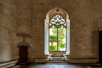 A large ornate window of the medieval Guild hall or market hall La Llotja on the Mediterranean island of Mallorca, in the city of Palma de Mallorca, Spain.