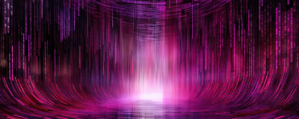 Abstract panoramic visualization of a binary code waterfall in striking, electric cerise hues