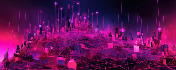 Wide, panoramic visualization of interconnected network nodes against a vibrant, neon magenta backdrop
