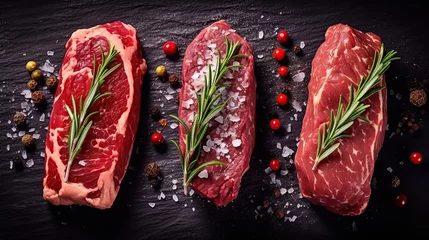 Fotobehang Raw steaks in row with spices alternative raw meat with ingredients for cooking elevated view of raw meat steaks and Generative AI © MUCHIB