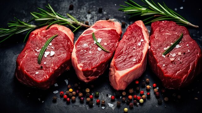 Raw steaks in row with spices alternative raw meat with ingredients for cooking elevated view of raw meat steaks and Generative AI