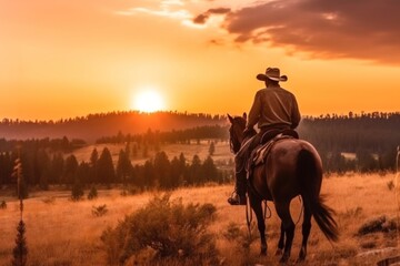 cowboy silhouette at sunset.wild west landscape. Generative AI 