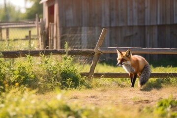 a fox in search of food wanders around the farm near the chicken coop. Generative AI