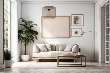Wooden frames, a couch, a plant, and a light in a minimalist living room with a white wall. Generative AI