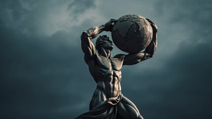 a photo of a huge great statue of the greek god titan atlas holding planet earth in his hands. atlas is beautiful handsome man with a athletic muscular body. dark sky in the background. Generative AI - obrazy, fototapety, plakaty
