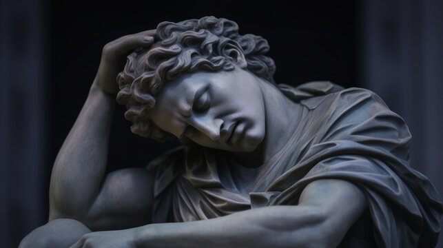 a photo of a huge great statue of a beautiful greek god sad thinking. handsome ancient man with a athletic muscular body. curly hair and very emotional. Generative AI