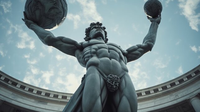 a photo of a huge great statue of the greek god titan atlas holding planet earth in his hands. atlas is beautiful handsome man with a athletic muscular body. cloud sky in the background. Generative AI