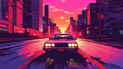 Fototapete Rund Retro car of the 90s moves along the highway in the rays of a tropical sunset, the concept of travel, Generative AI © AndErsoN