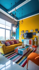 Colorful Interior Design of a Modern and Luxury Living Room. Studio Photography, Commercial Shot. Generative AI.