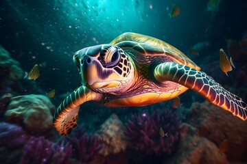 Fototapeta na wymiar turtles swimming under water against the background of shells. made with Generative AI 