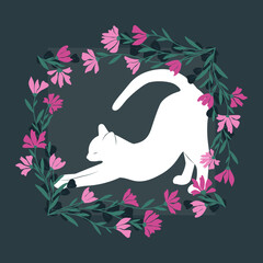 Dekoracyjna grafika przedstawiająca przeciągającego się uroczego kota. Kwiatowa ramka i biały kot. Ilustracja wektorowa. - obrazy, fototapety, plakaty