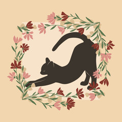 Dekoracyjna grafika z przeciągającym się uroczym kotem. Kwiatowa ramka i czarny kot. Ilustracja wektorowa. - obrazy, fototapety, plakaty