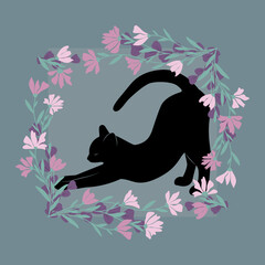 Dekoracyjna grafika z przeciągającym się uroczym kotem. Kwiatowa ramka i czarny kot. Ilustracja wektorowa.