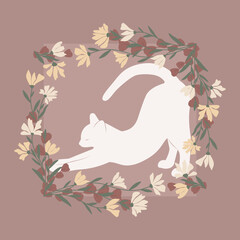Dekoracyjna grafika przedstawiająca przeciągającego się uroczego kota. Kwiatowa ramka i biały kot. Ilustracja wektorowa.