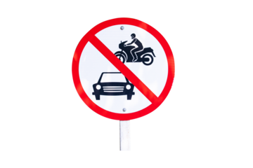 Prohibition sign for car and motorbikes side street or no allowed to run inside. Rules for road users. Drive at safe speed, please be careful. Road sign restricts freedom isolated on cut out PNG.
